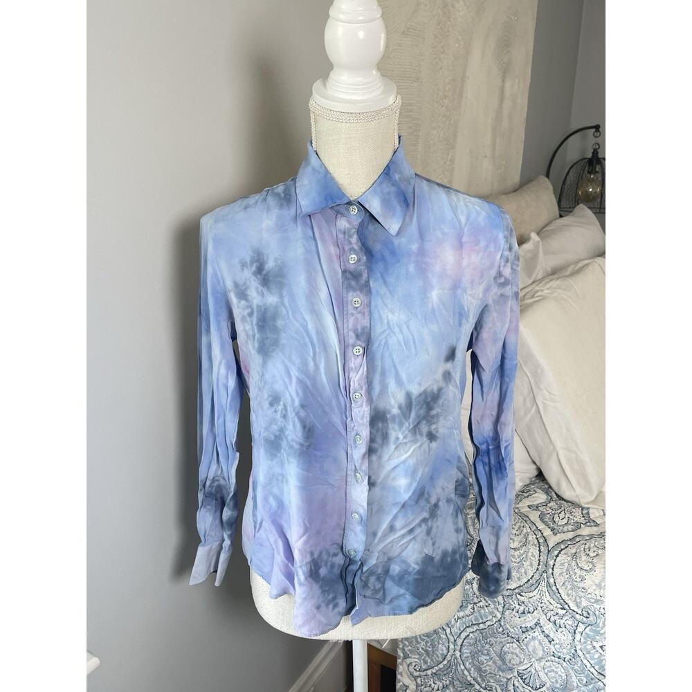 The Shirt Rochelle Behrens Blue Tie Dye Button Front Blouse Small Silk Feel
